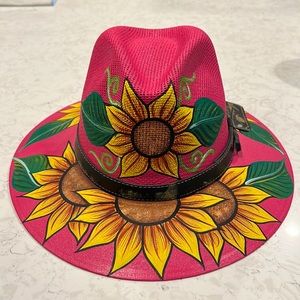 Hand painted Hat - artesanal sombrero color pink size Medium